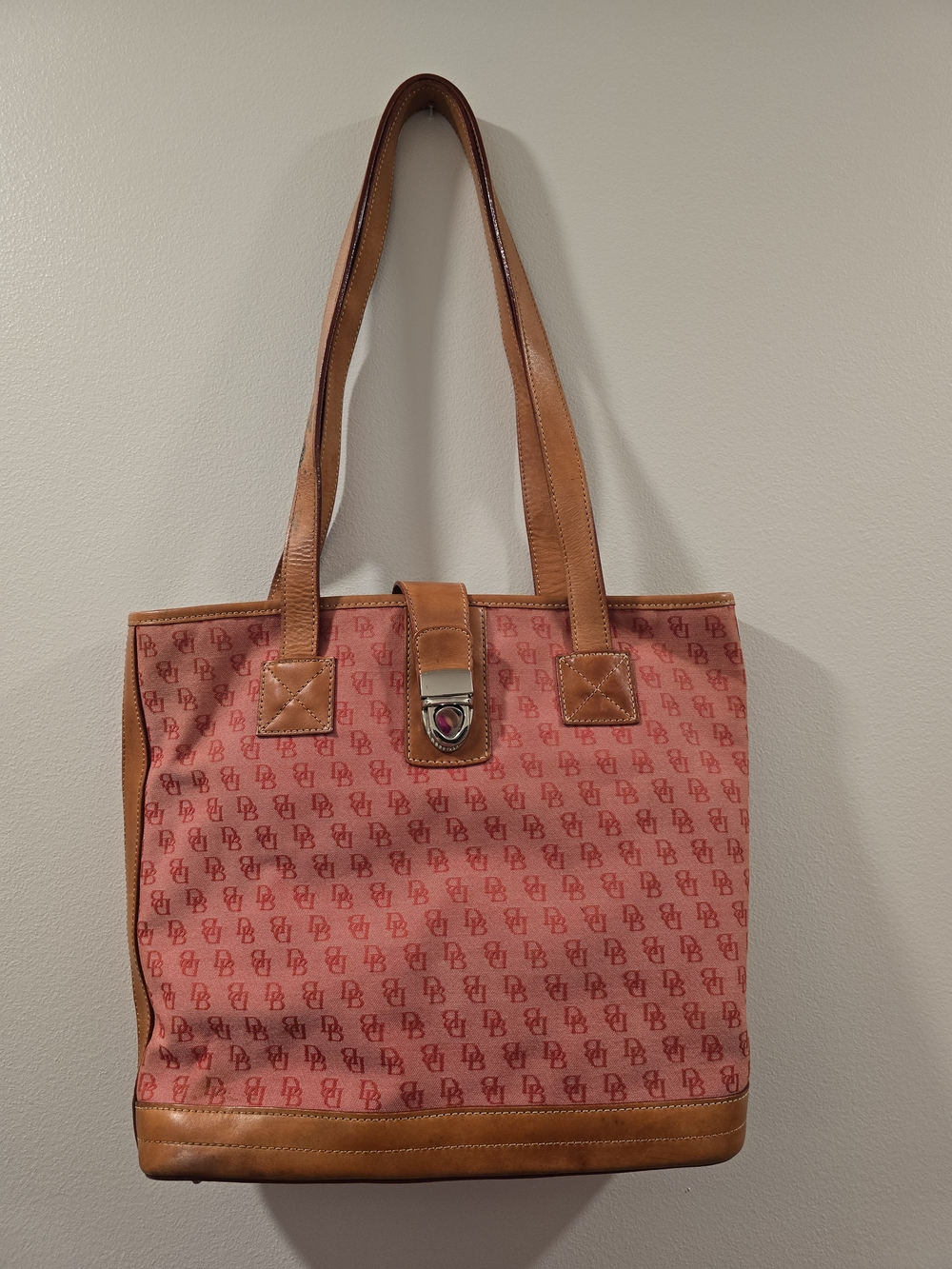 Dooney & Bourke Pink Signature Tote with Tan Leather Trim and Silver Clasp
